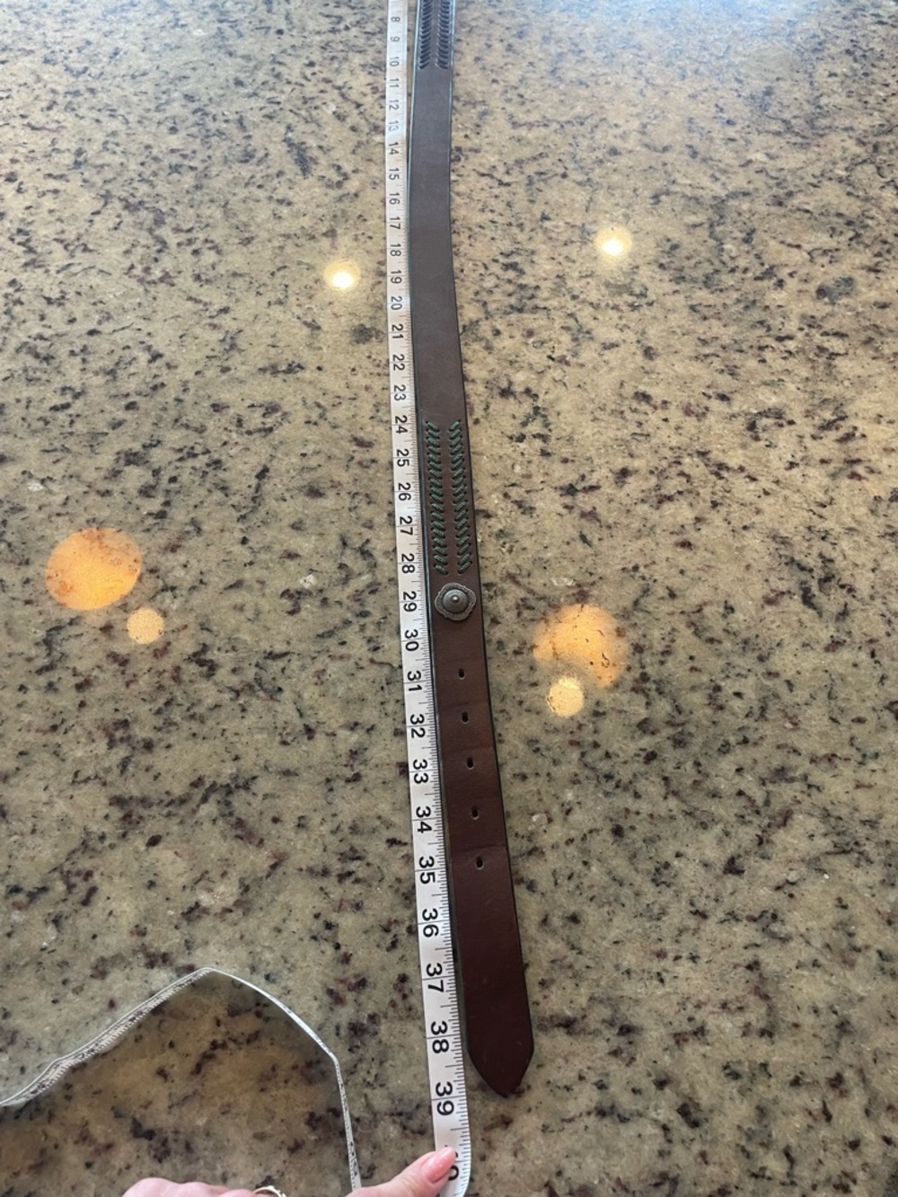 Brown Leather Belt with Green/blue Stitching and Decorative Conchos 32 - Picture 9 of 9